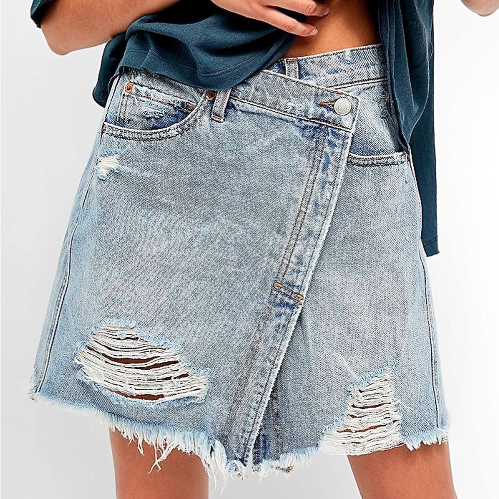 Free People Surfs Up Ripped Denim Asymmetrical Denim Skirt - Picture 2 of 9